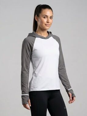 Nike Dri-Fit Hooded Raglan Long Sleeve Active Top in White & Grey Size Small